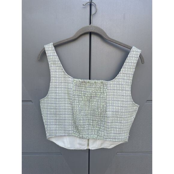WAYF Tweed Green Gold Metallic Zipper Cropped Bustier Corset Top Smocked Back M - Picture 7 of 10